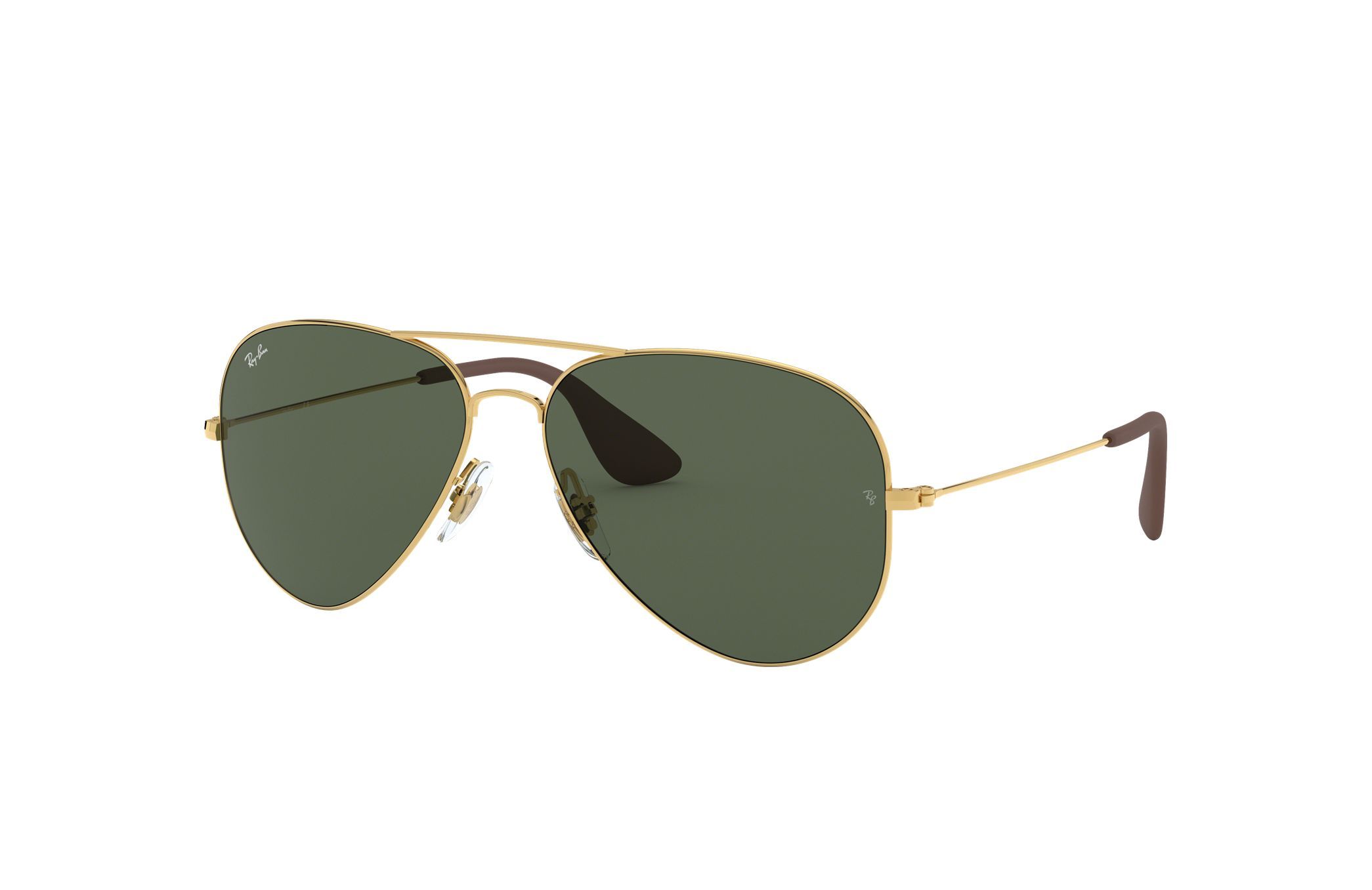 Ray-Ban RB3558-001/71 sunglasses featuring a polished gold metal frame and green pilot lenses, ideal for stylish men.
